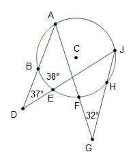 Circle C is shown. Secants A D and D J intersects at point D outside of the circle. Secant A D inter