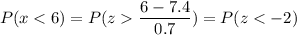 P( x < 6) = P( z  \displaystyle\frac{6 - 7.4}{0.7}) = P(z < -2)