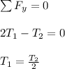 \sum F _y = 0  \\ \\2T_1 -T_2 = 0 \\ \\ T_1 = \frac{T_2}{2}