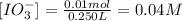 [IO_3^{-}]=\frac{0.01 mol}{0.250 L}=0.04 M
