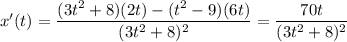 x'(t)=\dfrac{(3t^2+8)(2t)-(t^2-9)(6t)}{(3t^2+8)^2}=\dfrac{70t}{(3t^2+8)^2}