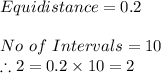 Equidistance=0.2\\\\No \ of \ Intervals=10\\\therefore 2=0.2\times 10=2