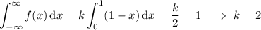 \displaystyle\int_{-\infty}^\infty f(x)\,\mathrm dx=k\int_0^1(1-x)\,\mathrm dx=\frac k2=1\implies k=2