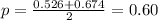 p=\frac{0.526+0.674}{2}=0.60