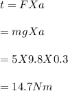 t = F X a\\  \\  = mg X a\\\\= 5 X 9.8 X 0.3\\\\= 14.7 Nm