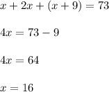 x+2x+(x+9)=73\\\\4x=73-9\\\\4x=64\\\\x=16