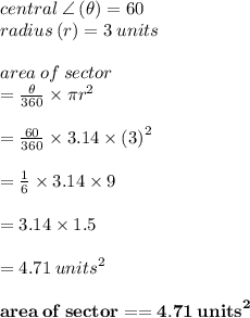 central \:  \angle \: ( \theta) = 60 \degree \\ radius \: (r) = 3 \: units \\  \\ area \: of \: sector   \\ =  \frac{ \theta}{360 \degree}  \times \pi {r}^{2}  \\  \\  = \frac{ 60 \degree}{360 \degree}  \times 3.14 \times  {(3)}^{2}   \\  \\  = \frac{ 1}{6}  \times 3.14 \times 9 \\  \\  = 3.14 \times 1.5 \\ \\   = 4.71 \:  {units}^{2}  \\  \\  \purple{ \bold{area \: of \: sector  = = 4.71 \:  {units}^{2}}}