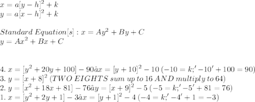 \displaystyle x = a[y - h]^2 + k \\ y = a[x - h]^2 + k \\ \\  Standard\:Equation[s]: x = Ay^2 + By + C \\ y = Ax^2 + Bx + C \\ \\ \\ 4.\:x = [y^2 + 20y + 100] - 90 → x = [y + 10]^2 - 10\:(-10 = k; '-10' + 100 = 90) \\ 3.\:y = [x + 8]^2\:(TWO\:EIGHTS\:sum\:up\:to\:16\:AND\:multiply\:to\:64) \\ 2.\:y = [x^2 + 18x + 81] - 76 → y = [x + 9]^2 - 5\:(-5 = k; '-5' + 81 = 76) \\ 1.\:x = [y^2 + 2y + 1] - 3 → x = [y + 1]^2 - 4\:(-4 = k; '-4' + 1 = -3)