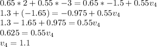 0.65*2+0.55*-3=0.65*-1.5+0.55v_4\\1.3 + (-1.65) = -0.975+0.55v_4\\1.3 - 1.65 + 0.975 = 0.55v_4\\0.625 = 0.55v_4\\v_4 = 1.1