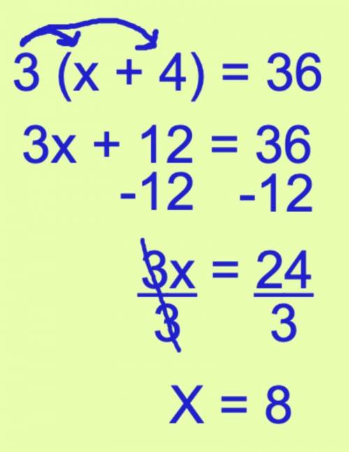 Explain how the steps of the distributive property can be used to solve the equation 3(x + 4) =36 ?