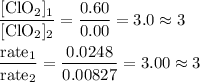 \rm \dfrac{[ClO_{2}]_{1} }{[ClO_{2}]_{2}} = \dfrac{0.60}{0.00 } = 3.0 \approx 3\\\\\rm \dfrac{rate_{1}}{rate_{2}} = \dfrac{0.0248}{0.00827} = 3.00 \approx 3