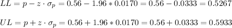 LL=p-z\cdot \sigma_p=0.56-1.96*0.0170=0.56-0.0333=0.5267\\\\UL=p+z\cdot \sigma_p=0.56+1.96*0.0170=0.56+0.0333=0.5933