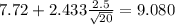 7.72+2.433\frac{2.5}{\sqrt{20}}=9.080