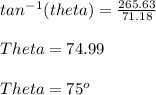 tan ^-^1 (theta) = \frac{265.63}{71.18} \\\\Theta = 74.99\\\\Theta = 75^o