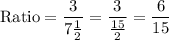 \text{Ratio} = \dfrac{3}{7\frac{1}{2}} = \dfrac{3}{\frac{15}{2}} = \dfrac{6}{15}