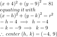 (x + 4)^{2}  +  {(y - 9)}^{2}  = 81 \\ equating \: it \: with \\ (x  - h)^{2}  +  {(y - k)}^{2}  = r^2 \\  - h = 4 \implies \: h =  - 4\\  - k=  - 9 \implies \: k =  9 \\  \therefore \: center \: (h, \: k) = ( - 4, \: 9) \\