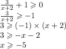 \frac{3}{x + 2}  + 1 \geqslant 0 \\  \frac{3}{x + 2}  \geqslant  - 1 \\ 3 \geqslant  ( - 1) \times (x + 2) \\ 3 \geqslant  - x - 2 \\ x \geqslant  - 5