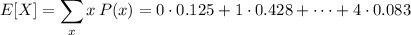 E[X]=\displaystyle\sum_xx\,P(x)=0\cdot0.125+1\cdot0.428+\cdots+4\cdot0.083