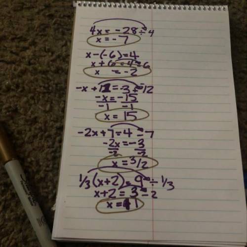 Solving for X 4x = -28 X-(-6)=4 -x+12=-3 -2x+7=4 1/3(x+2)=9