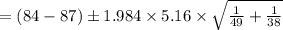 =(84-87)\pm 1.984\times 5.16\times \sqrt{\frac{1}{49}+\frac{1}{38}}