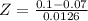 Z = \frac{0.1 - 0.07}{0.0126}