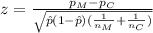 z=\frac{p_{M}-p_{C}}{\sqrt{\hat p (1-\hat p)(\frac{1}{n_{M}}+\frac{1}{n_{C}})}}