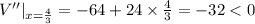 V''|_{x=\frac43}=-64+24\times \frac43=-32