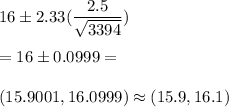 16 \pm 2.33(\dfrac{2.5}{\sqrt{3394}} )\\\\ = 16 \pm 0.0999 = \\\\(15.9001,16.0999)\approx (15.9,16.1)