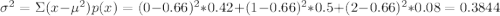 \sigma^2=\Sigma(x-\mu^2)p(x)= (0-0.66)^2*0.42+ (1-0.66)^2*0.5+ (2-0.66)^2*0.08=0.3844