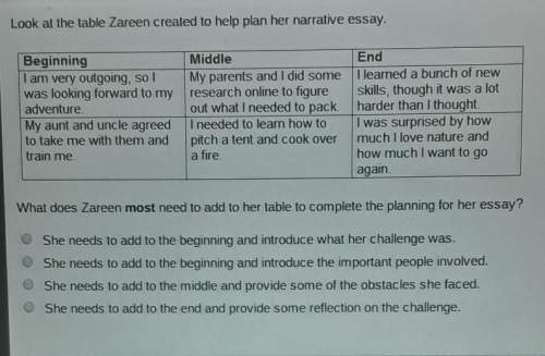 What does zareen most need to add to her table to complete the planning for her essay?