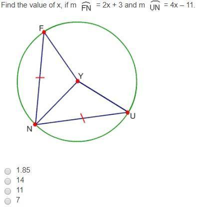 Find the value of x, if m arc fn = 2x + 3 and m arc un = 4x – 11.