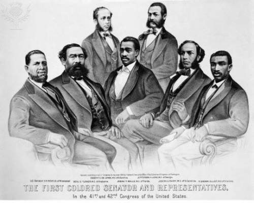 How do the reconstruction amendments explain the status of the men in the image?  the 1
