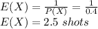 E(X) = \frac{1}{P(X)}=\frac{1}{0.4}  \\E(X) = 2.5\ shots