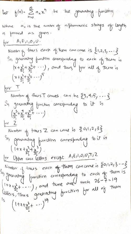 Find the exponential generating function for the number of alphanumeric strings of length n formed f