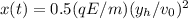 x(t) = 0.5(qE/m)(y_{h}/v_{0} ) ^{2}