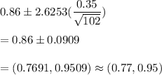 0.86 \pm 2.6253(\dfrac{0.35}{\sqrt{102}} )\\\\ = 0.86 \pm 0.0909\\\\ = (0.7691 ,0.9509)\approx (0.77,0.95)