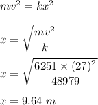 mv^2=kx^2\\\\x=\sqrt{\dfrac{mv^2}{k}} \\\\x=\sqrt{\dfrac{6251\times (27)^2}{48979 }}\\\\x=9.64\ m