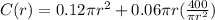 C(r)=0.12\pi r^2+0.06 \pi r(\frac{400}{\pi r^2})
