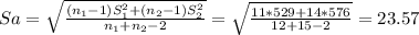 Sa= \sqrt{\frac{(n_1-1)S^2_1+(n_2-1)S^2_2}{n_1+n_2-2} }= \sqrt{\frac{11*529+14*576}{12+15-2} } = 23.57