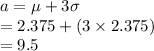 a=\mu+3\sigma\\=2.375+(3\times 2.375)\\=9.5