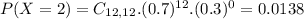 P(X = 2) = C_{12,12}.(0.7)^{12}.(0.3)^{0} = 0.0138