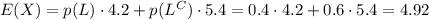E(X)=p(L)\cdot 4.2 + p(L^C)\cdot 5.4 = 0.4\cdot 4.2 + 0.6\cdot 5.4 =4.92