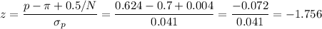 z=\dfrac{p-\pi+0.5/N}{\sigma_p}=\dfrac{0.624-0.7+0.004}{0.041}=\dfrac{-0.072}{0.041}=-1.756