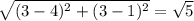 \sqrt{(3-4)^2+(3-1)^2} = \sqrt{5}