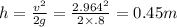 h=\frac{v^2}{2g}=\frac{2.964^2}{2\times .8}=0.45m