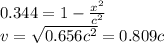 0.344=1-\frac{x^{2} }{c^{2} } \\v=\sqrt{0.656c^{2} } =0.809c