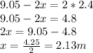 9.05-2x=2*2.4\\9.05-2x=4.8\\2x=9.05-4.8\\x=\frac{4.25}{2} =2.13m