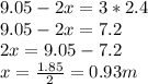 9.05-2x=3*2.4\\9.05-2x=7.2\\2x=9.05-7.2\\x=\frac{1.85}{2} =0.93m