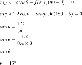 mg\times 12\cos\theta-fl\sin (180-\theta)=0\\\\mg\times 1.2\cos\theta-\mu mgl\sin (180-\theta)=0\\\\\tan\theta=\dfrac{1.2}{\mu l}\\\\\tan\theta=\dfrac{1.2}{0.4\times 3}\\\\\tan\theta=1\\\\\theta=45^{\circ}