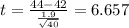t=\frac{44-42}{\frac{1.9}{\sqrt{40}}}=6.657